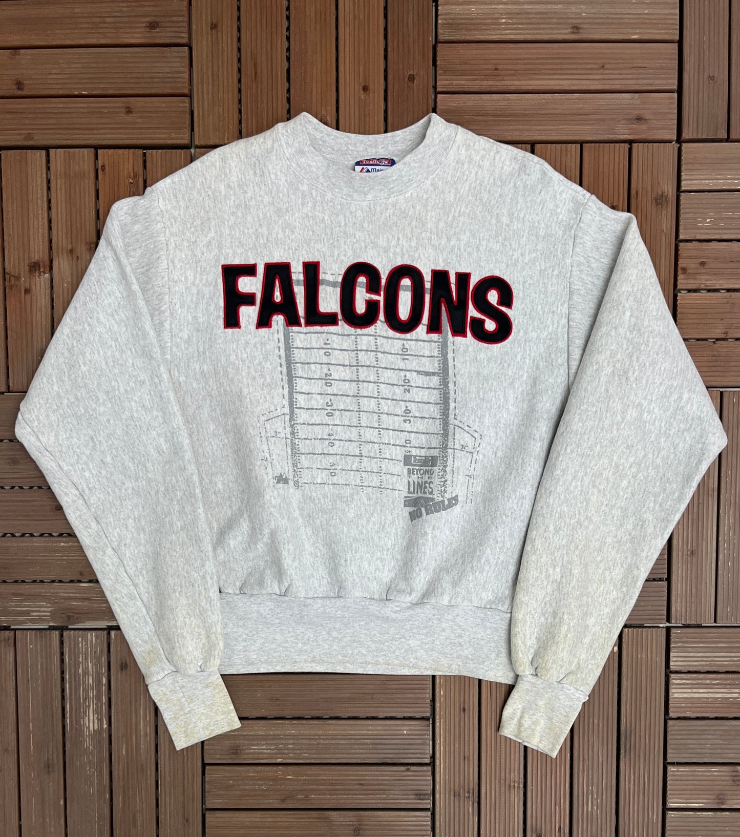 Atlanta Falcons Stitched Graphic Crewneck | Size Large | Vintage 1990s NFL Football Grey Sweater | Made in USA |