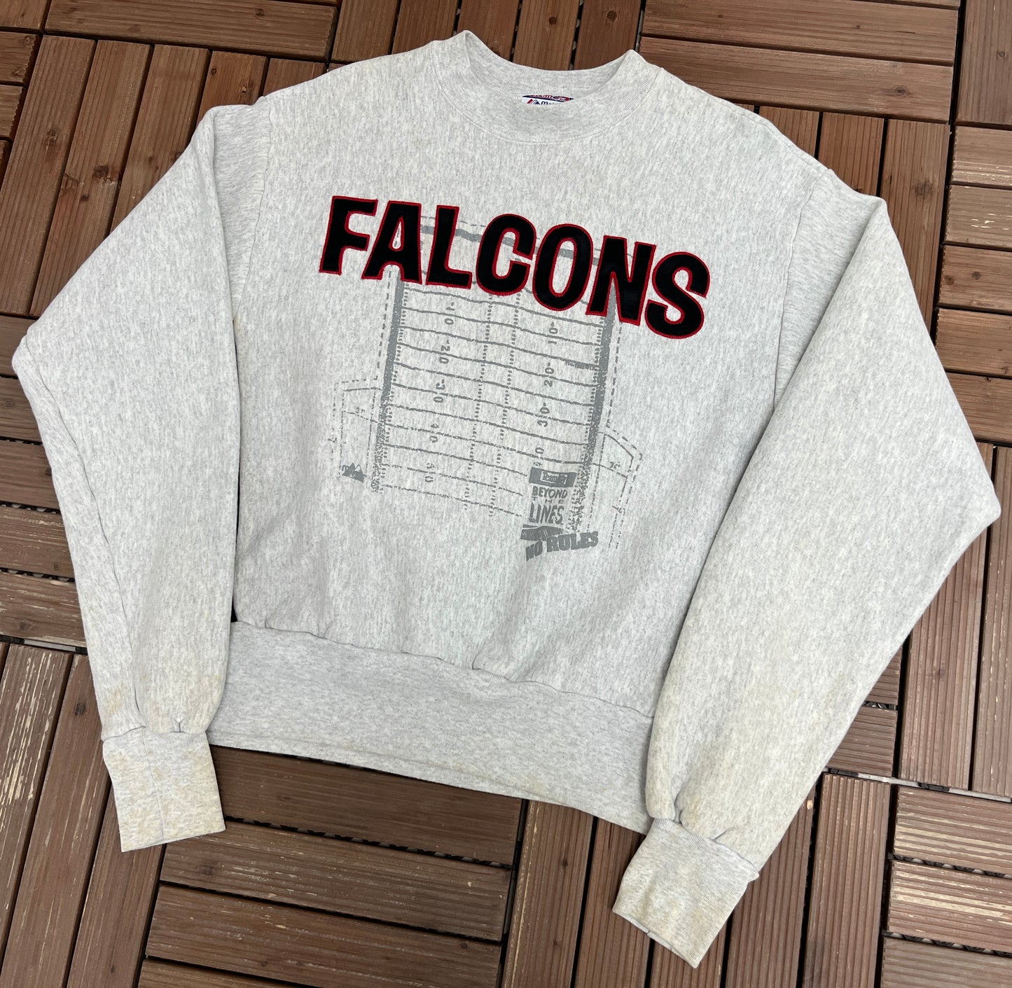 Atlanta Falcons Stitched Graphic Crewneck | Size Large | Vintage 1990s NFL Football Grey Sweater | Made in USA |