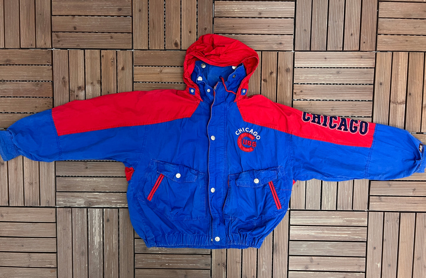 Chicago Cubs Stitched Graphic Jacket | Size Large | Vintage 1990s MLB Baseball Blue Jacket |