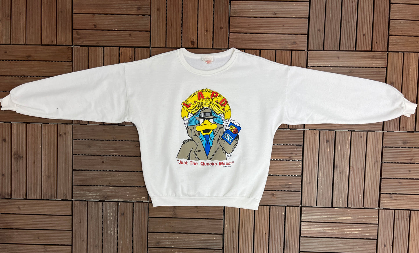 L.A.P.D. Los Angeles Police Duck Graphic Crewneck | Size Large | Vintage 1990s White Cartoon Promotional Sweater |