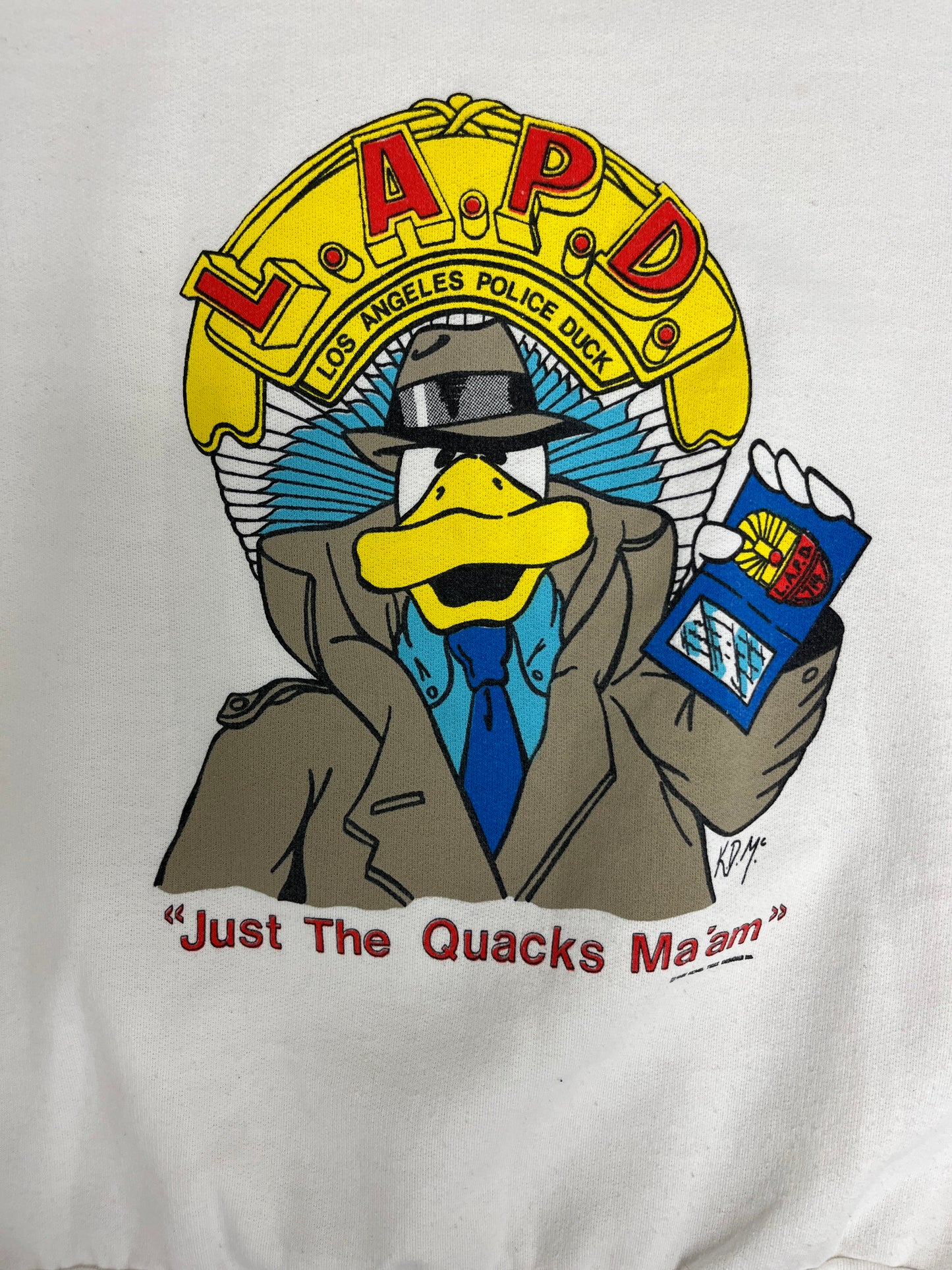 L.A.P.D. Los Angeles Police Duck Graphic Crewneck | Size Large | Vintage 1990s White Cartoon Promotional Sweater |