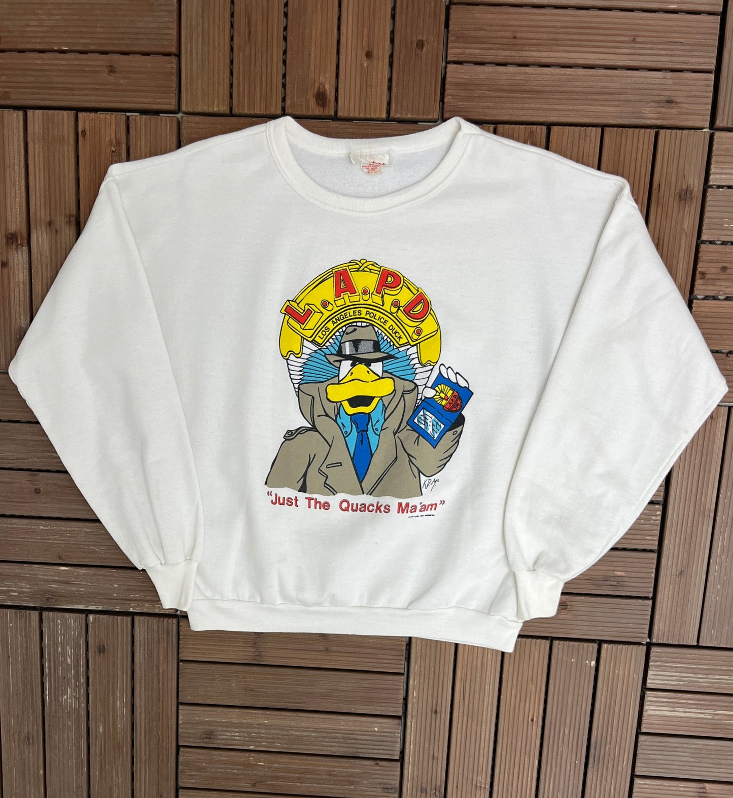 L.A.P.D. Los Angeles Police Duck Graphic Crewneck | Size Large | Vintage 1990s White Cartoon Promotional Sweater |