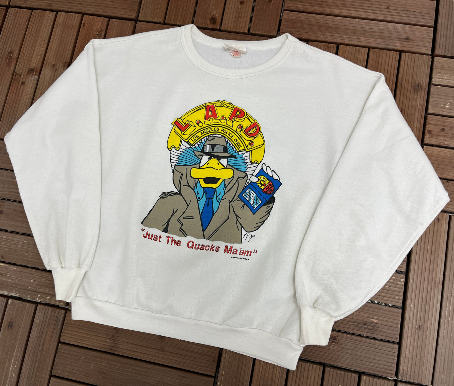 L.A.P.D. Los Angeles Police Duck Graphic Crewneck | Size Large | Vintage 1990s White Cartoon Promotional Sweater |