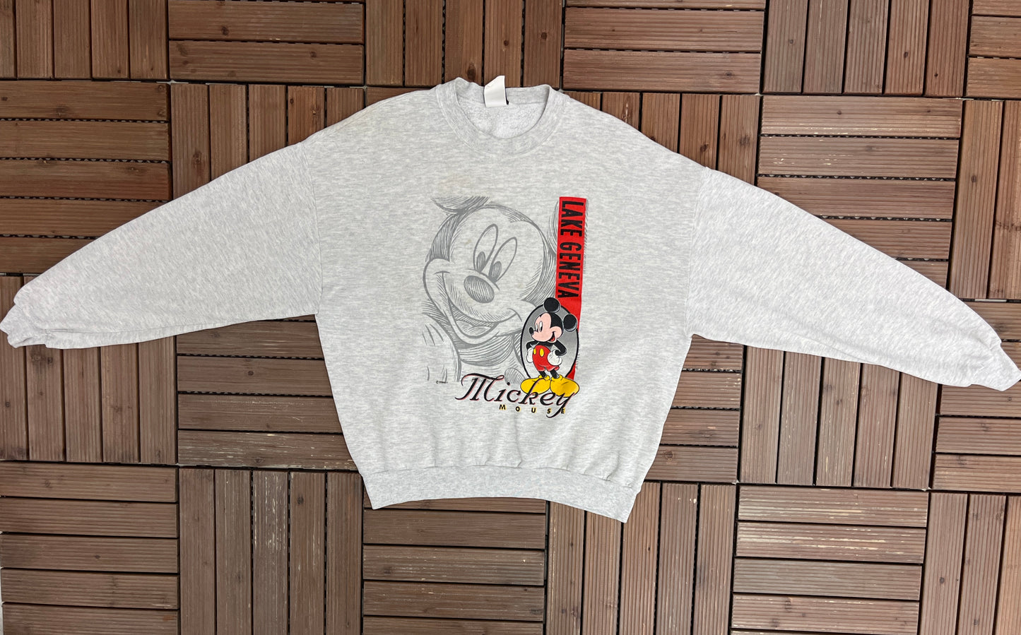 Mickey Mouse Lake Geneva Graphic Crewneck | Size Large | Vintage 1990s Promotional Cartoon Grey Sweatshirt |