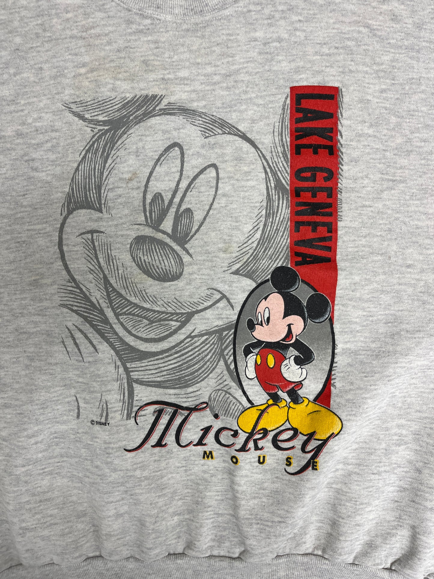 Mickey Mouse Lake Geneva Graphic Crewneck | Size Large | Vintage 1990s Promotional Cartoon Grey Sweatshirt |