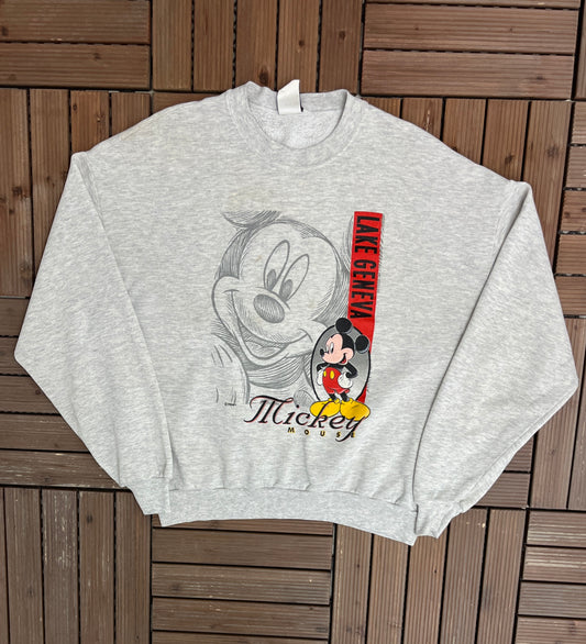 Mickey Mouse Lake Geneva Graphic Crewneck | Size Large | Vintage 1990s Promotional Cartoon Grey Sweatshirt |