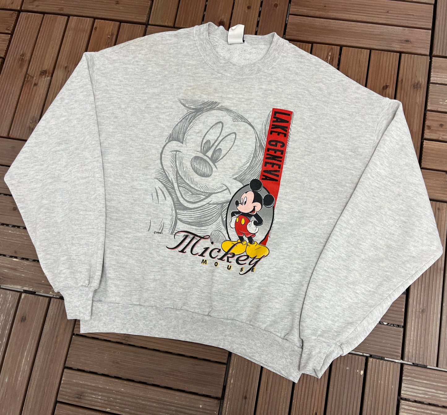 Mickey Mouse Lake Geneva Graphic Crewneck | Size Large | Vintage 1990s Promotional Cartoon Grey Sweatshirt |