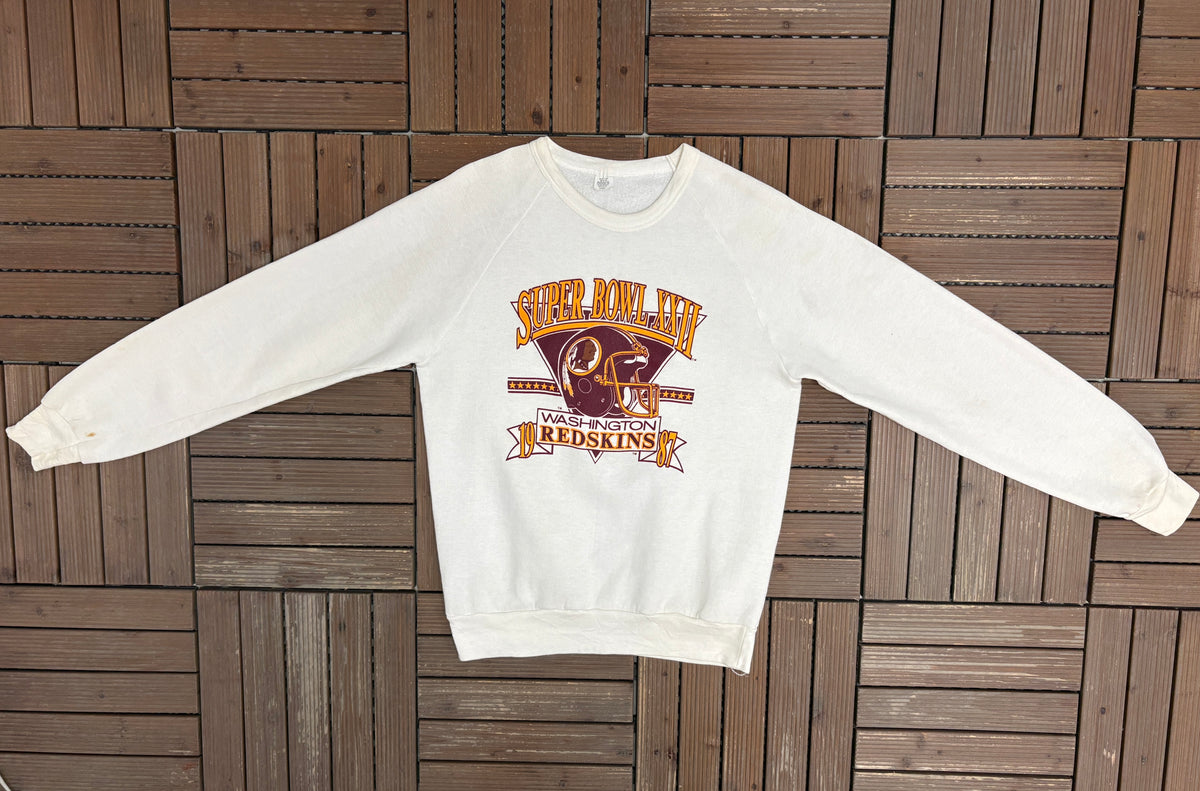 Washington Redskins Super Bowl XXII Graphic Crewneck | Size Large | Vintage 1980s NFL Football White Sweater |