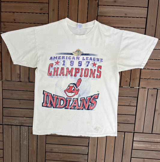 Cleveland Indians American League Champions 1997 Graphic Tee | Size X-Large | Vintage 1990s MLB Baseball White T-Shirt |