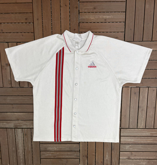 Adidas Striped Button Down Warm Up Jersey | Size Large | Vintage 1990s Branded White T-Shirt |