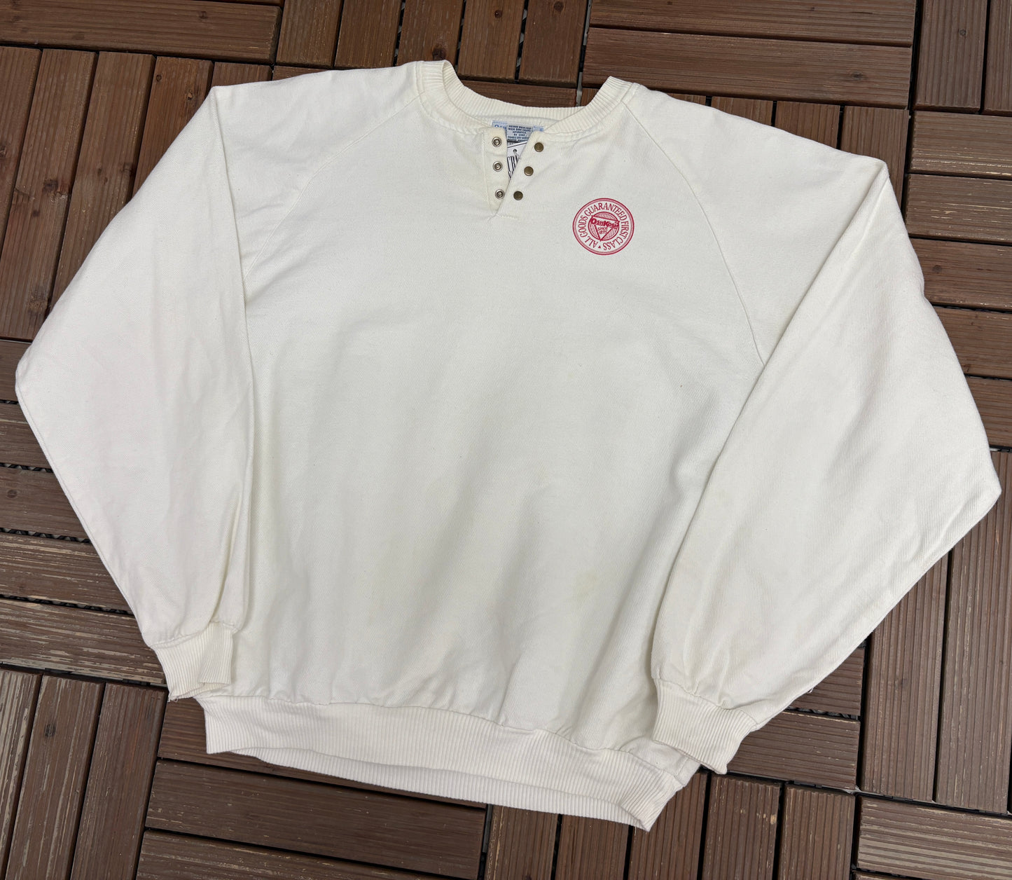 OshKosh All Goods Guaranteed First Class Graphic Crewneck | Size Large | Vintage 1990s Promotional White Sweater |