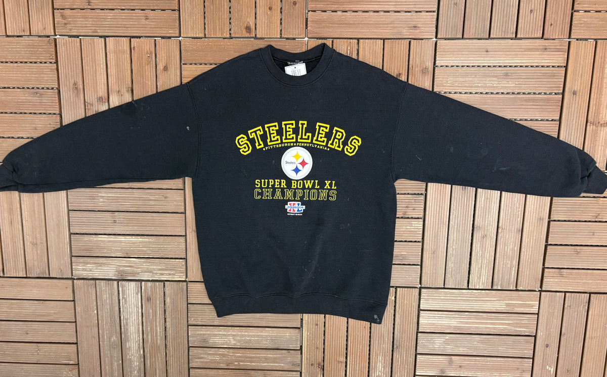 Pittsburgh Steelers Super Bowl XL Champions Graphic Crewneck | Size Medium | Vintage 2000s Football Black Sweater |