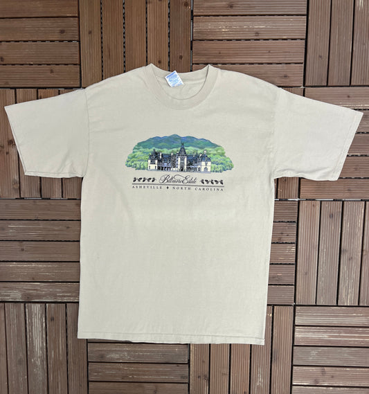 Biltmore Estates Asheville, North Carolina Graphic Tee | Size Large | Vintage 2000s Tourist Beige T-Shirt |