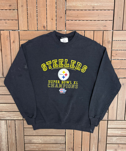 Pittsburgh Steelers Super Bowl XL Champions Graphic Crewneck | Size Medium | Vintage 2000s Football Black Sweater |