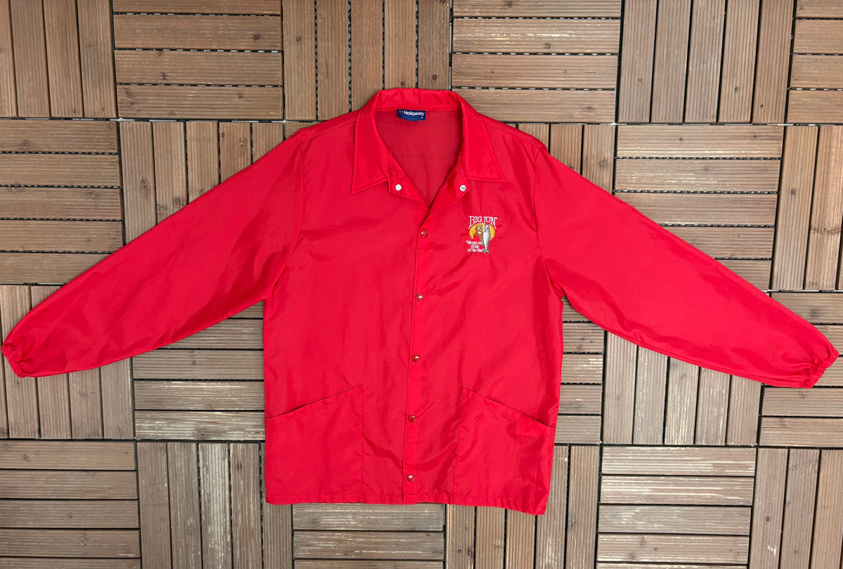 Big Jon Fishing Graphic Windbreaker | Size Medium | Vintage 1980s Promotional Red Jacket |