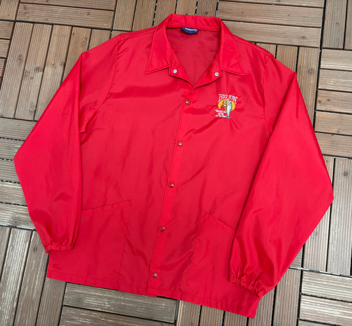 Big Jon Fishing Graphic Windbreaker | Size Medium | Vintage 1980s Promotional Red Jacket |