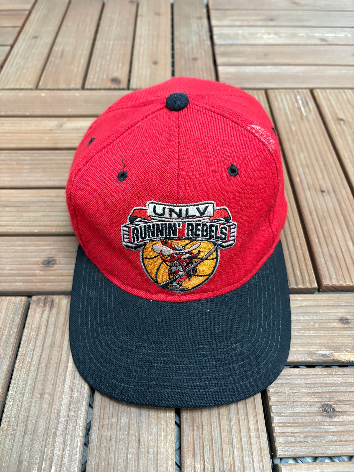 UNLV Runnin' Rebels Embroidered Graphic Hat | Snap Back | Vintage 1990s College Sports Red Cap |