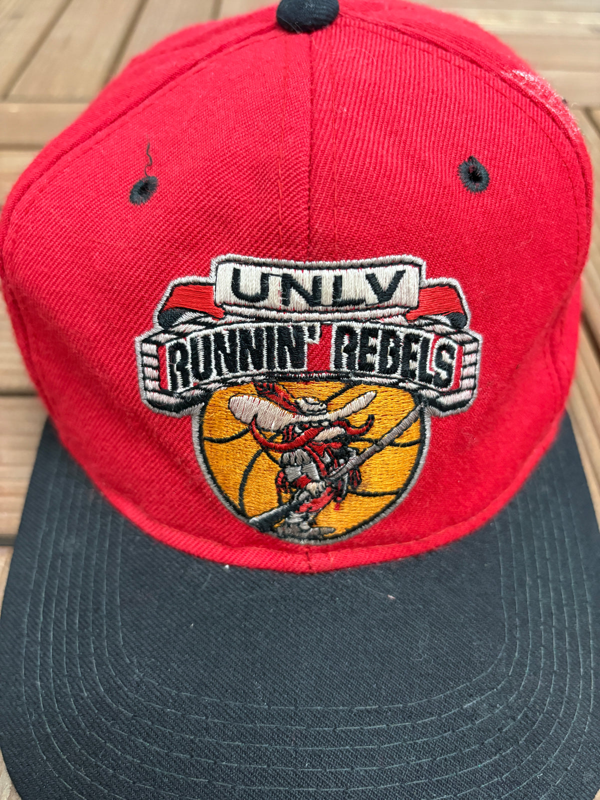UNLV Runnin' Rebels Embroidered Graphic Hat | Snap Back | Vintage 1990s College Sports Red Cap |