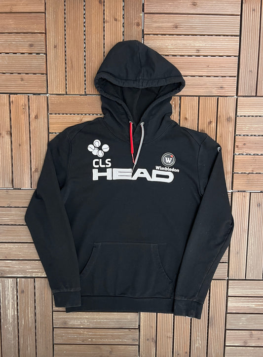 Wimbledon Head Stitched Graphic Hoodie | Size Medium | Vintage 2000s Tennis Black Sweater |