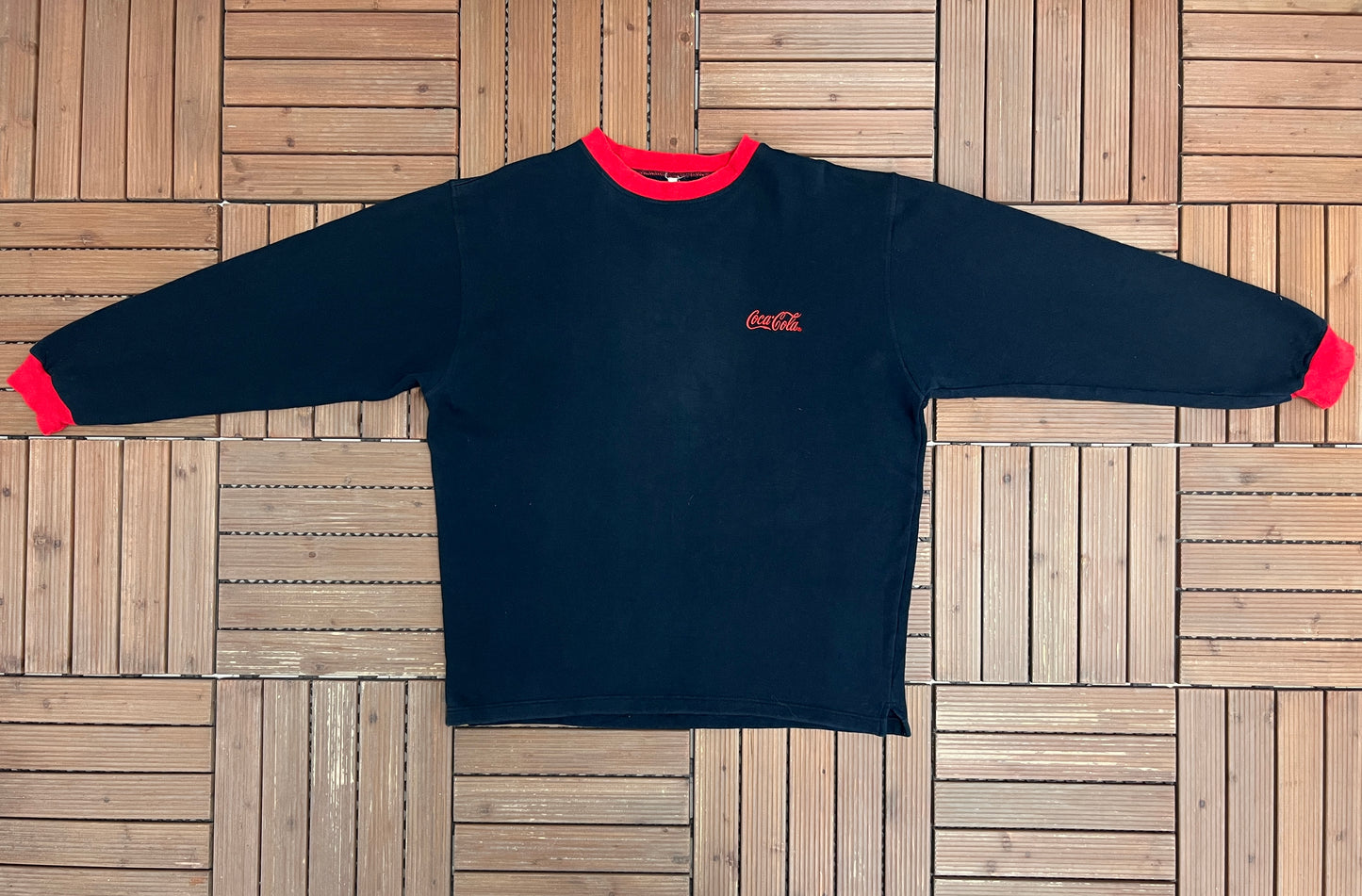 Coca-Cola Embroidered Graphic Crewneck | Size X-Large | Vintage 1990s Promotional Black Sweater |