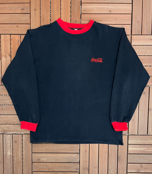 Coca-Cola Embroidered Graphic Crewneck | Size X-Large | Vintage 1990s Promotional Black Sweater |