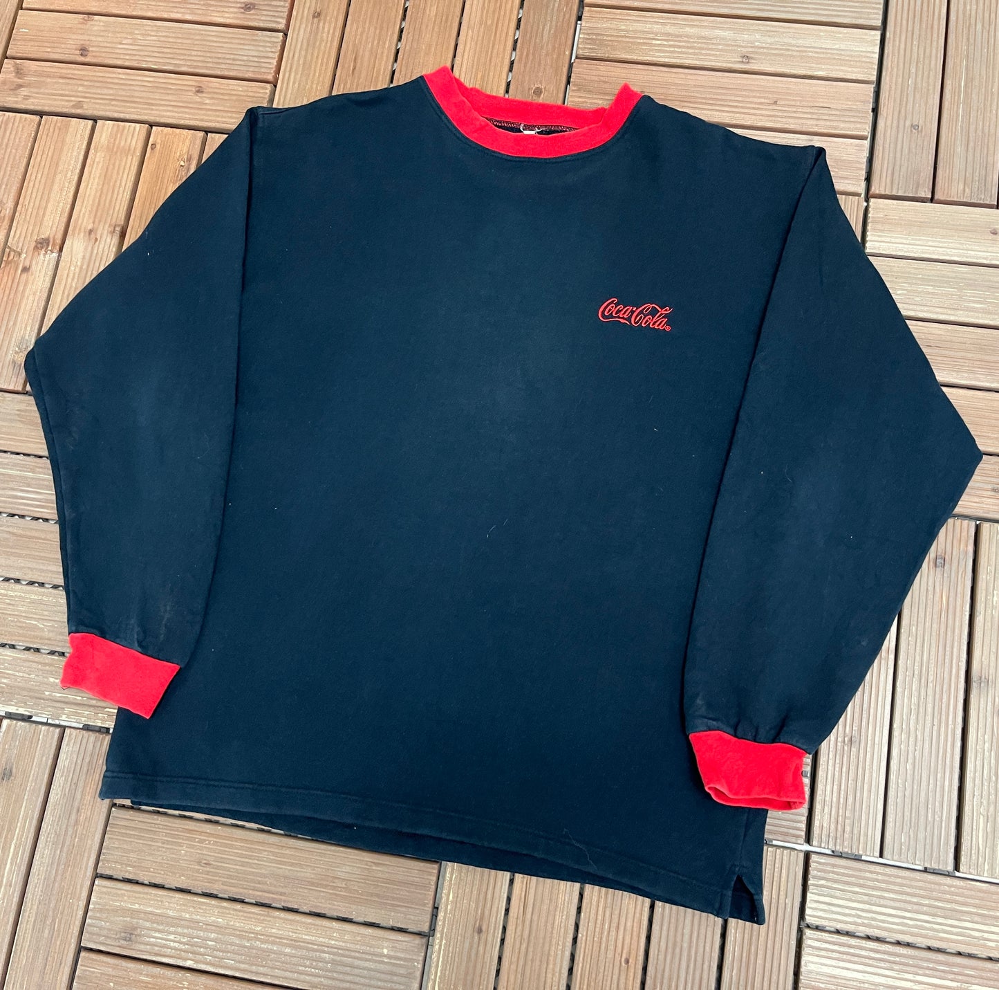 Coca-Cola Embroidered Graphic Crewneck | Size X-Large | Vintage 1990s Promotional Black Sweater |