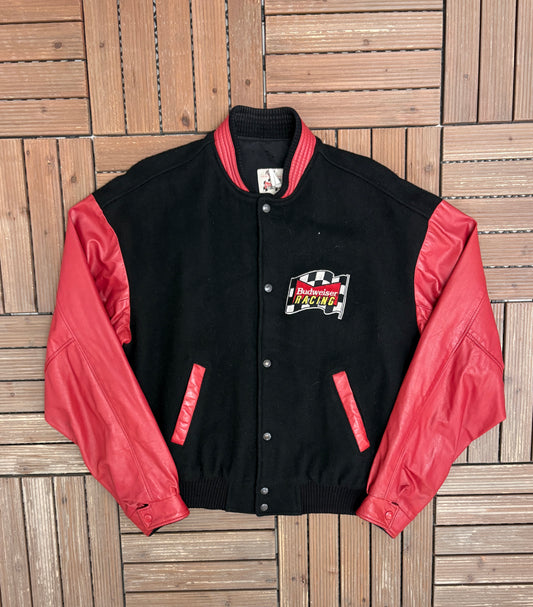Budweiser Racing Graphic Jacket | Size Large | Vintage 1990s Sports Black Jacket |