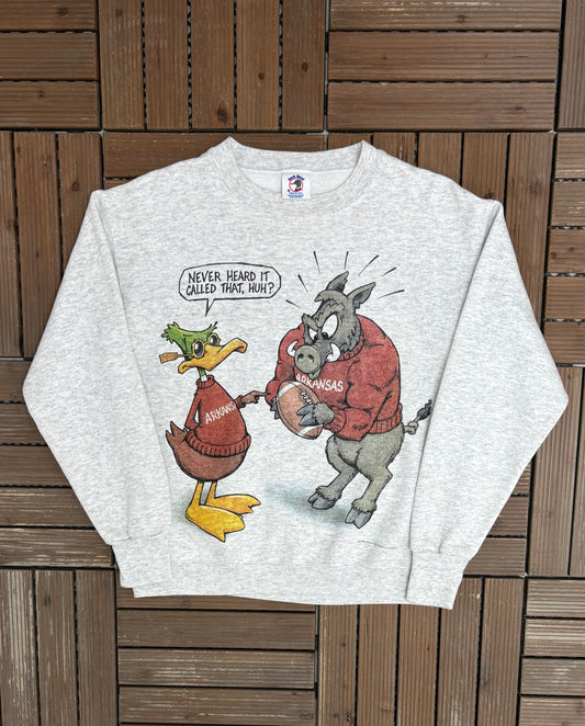 Arkansas Razorbacks Pigskin Graphic Crewneck | Size Medium | Vintage 1990s College Grey Sweater |