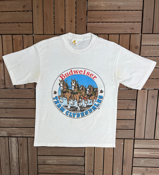 The Budweiser Clydesdales Graphic Tee | Size Large | Vintage 1990s Alcohol Promotional White T-Shirt |