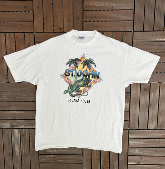 St. John Iguana House Graphic Tee | Size X-Large | Vintage 1990s White Single Stitch T-Shirt |