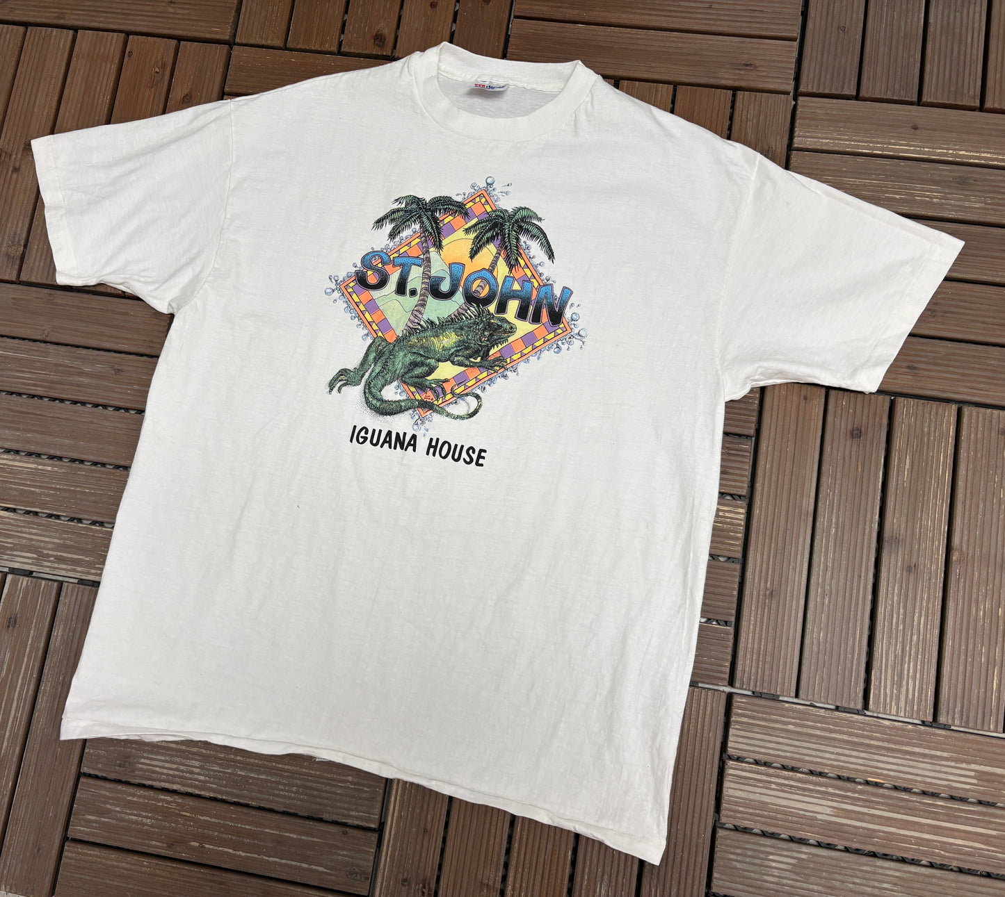 St. John Iguana House Graphic Tee | Size X-Large | Vintage 1990s White Single Stitch T-Shirt |