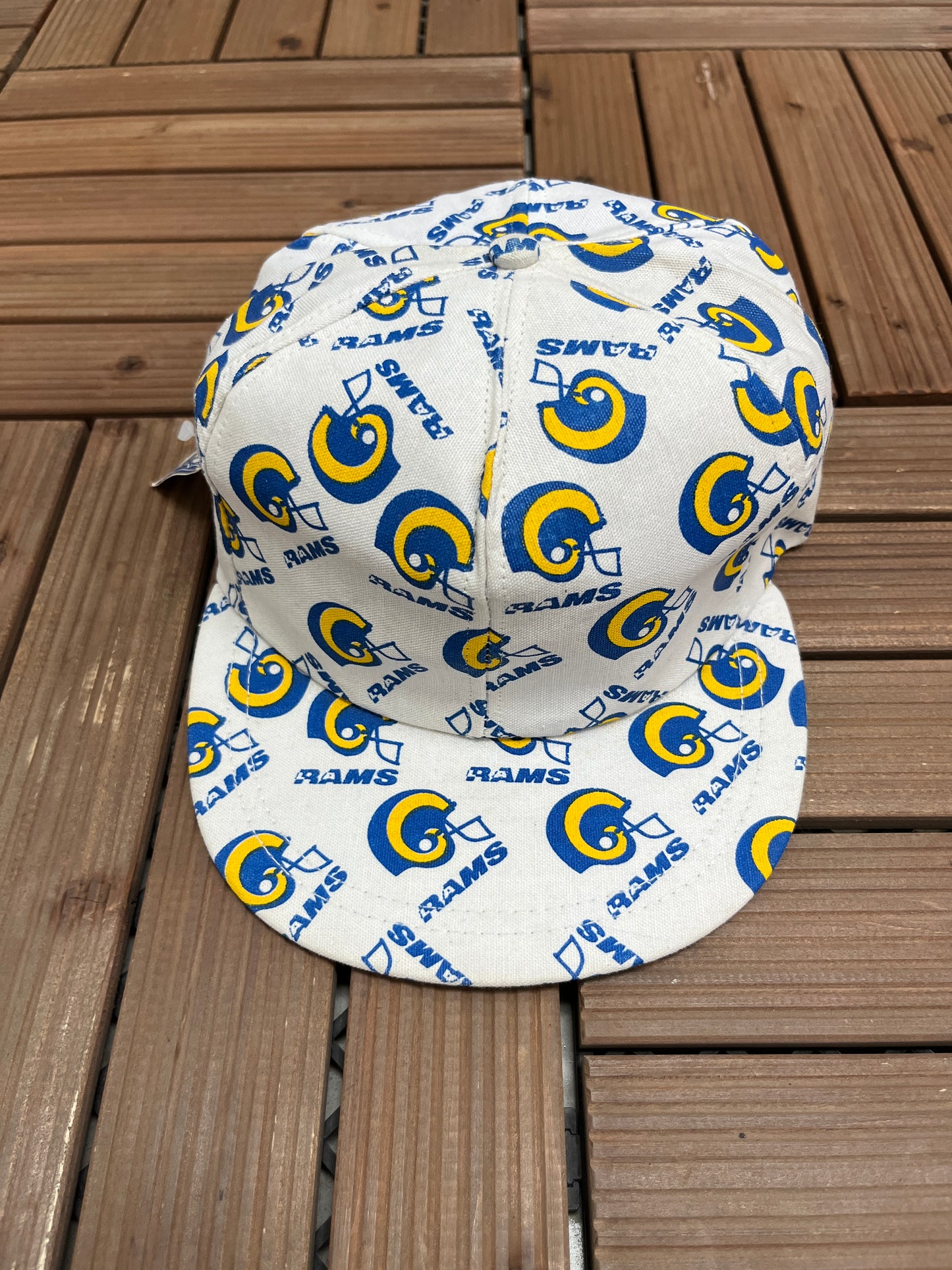 Los Angeles Rams Helmet All Over Print Graphic Hat | Snap Back | Vintage 1990s NFL Football White Hat |