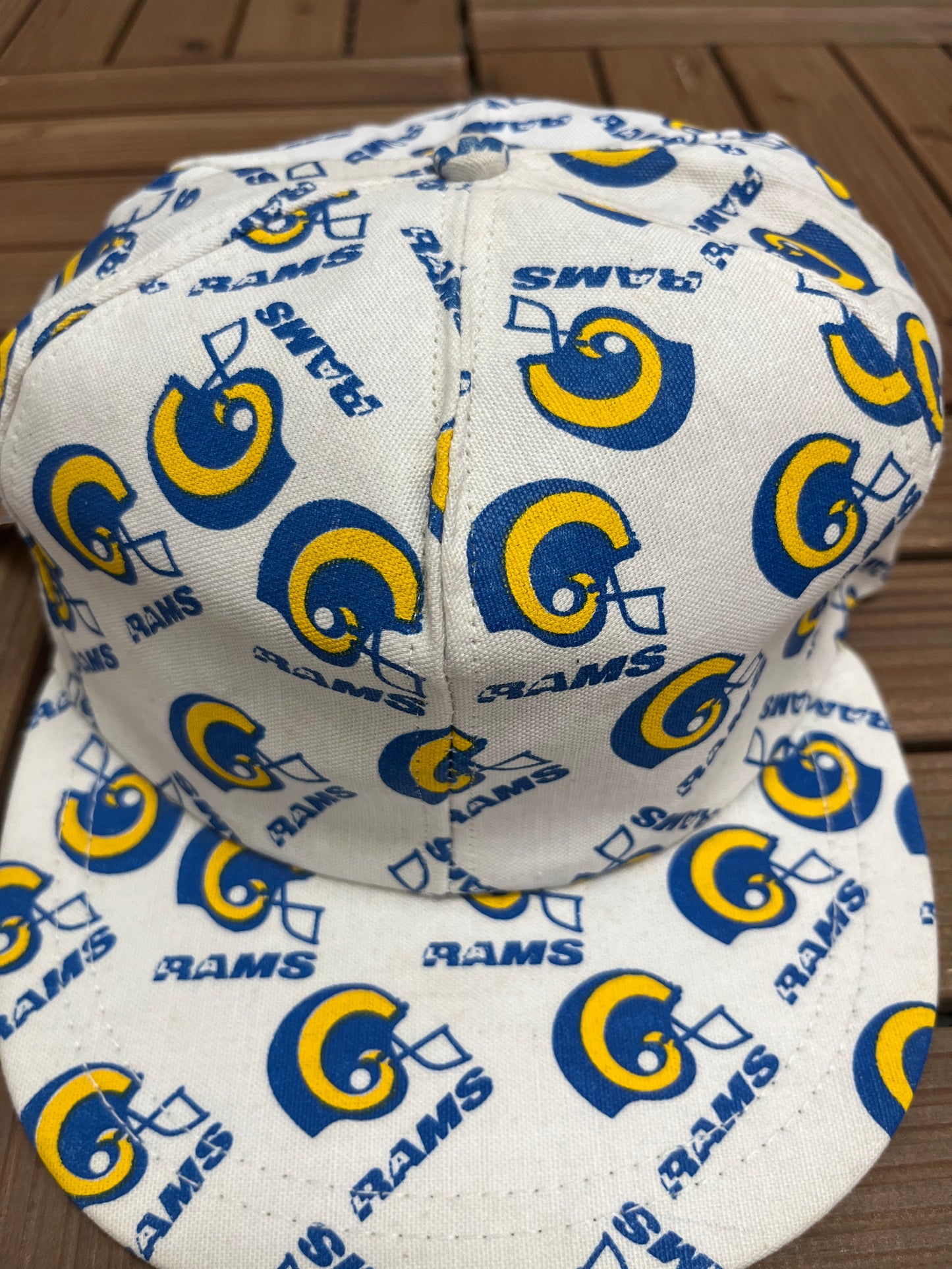 Los Angeles Rams Helmet All Over Print Graphic Hat | Snap Back | Vintage 1990s NFL Football White Hat |