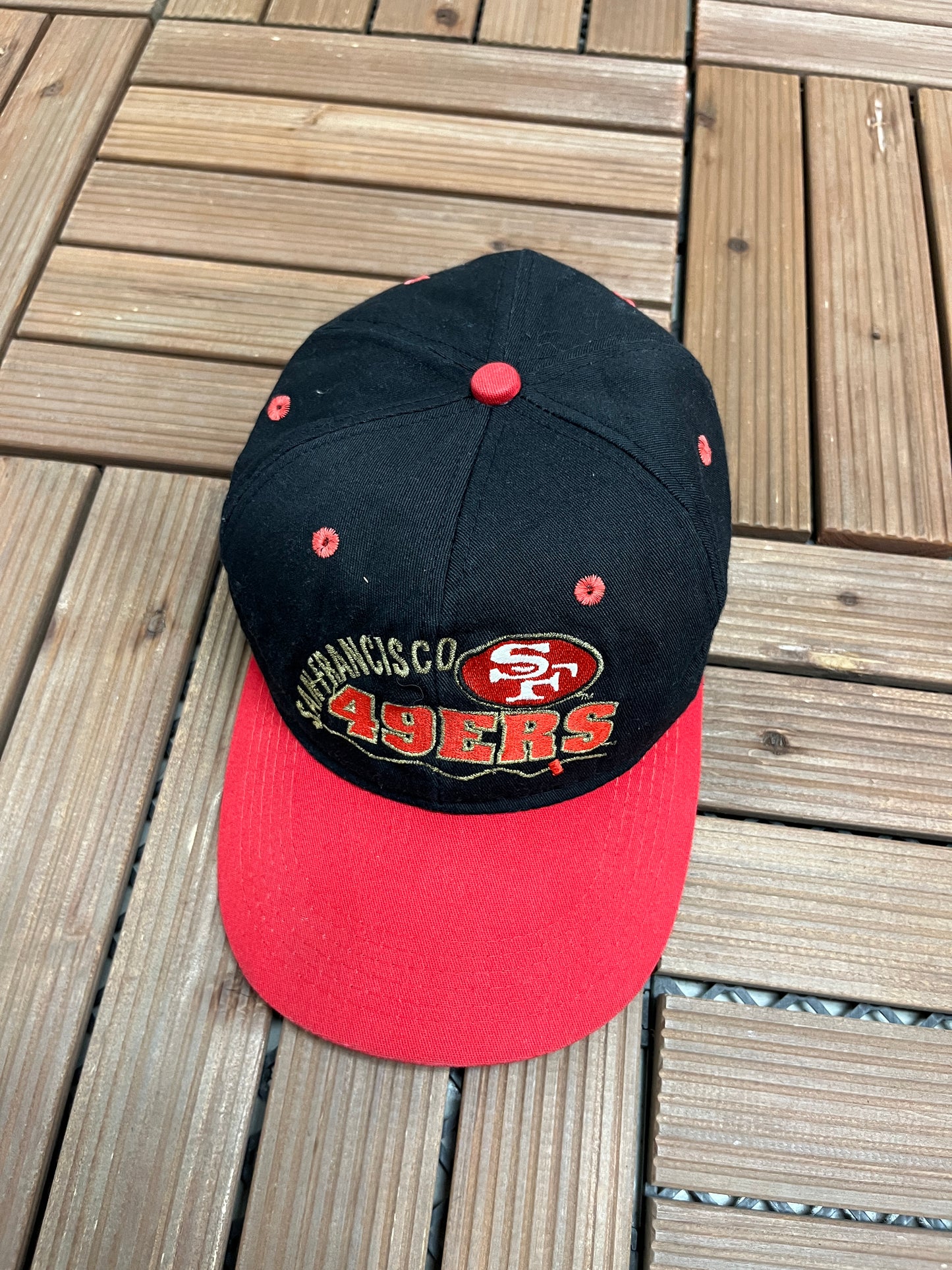 San Francisco 49ers Graphic Hat | Cinch Back | Vintage 1990s NFL Football Black Cap |