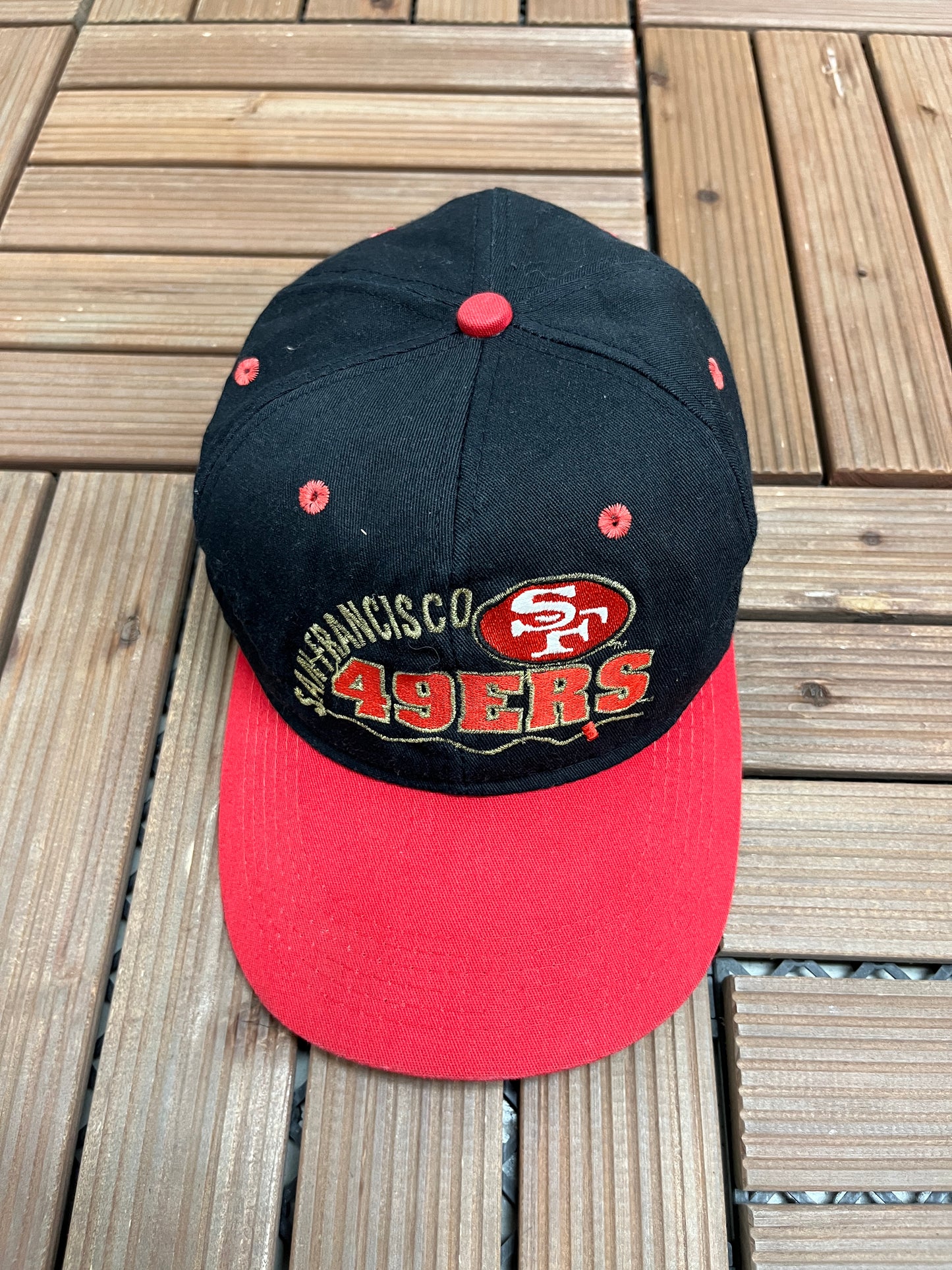 San Francisco 49ers Graphic Hat | Cinch Back | Vintage 1990s NFL Football Black Cap |