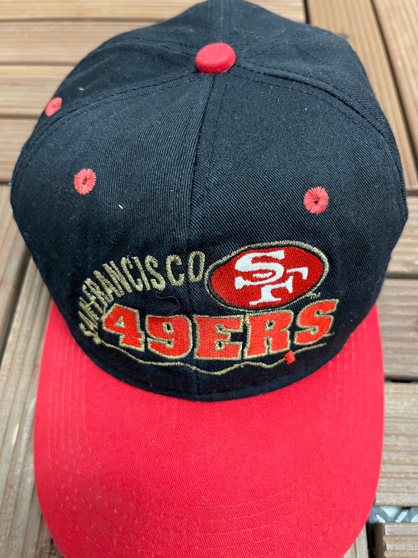 San Francisco 49ers Graphic Hat | Cinch Back | Vintage 1990s NFL Football Black Cap |