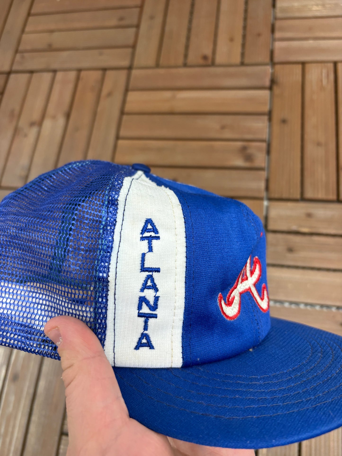 Atlanta Braves Embroidered Hat | Snap Back | Vintage 1990s MLB Baseball Blue Trucker Cap |