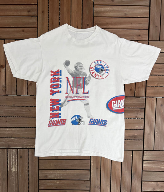 New York Giants Stadium Tour Graphic Tee | Size Large | Vintage 1990s All Over Print NFL Football White T-Shirt |