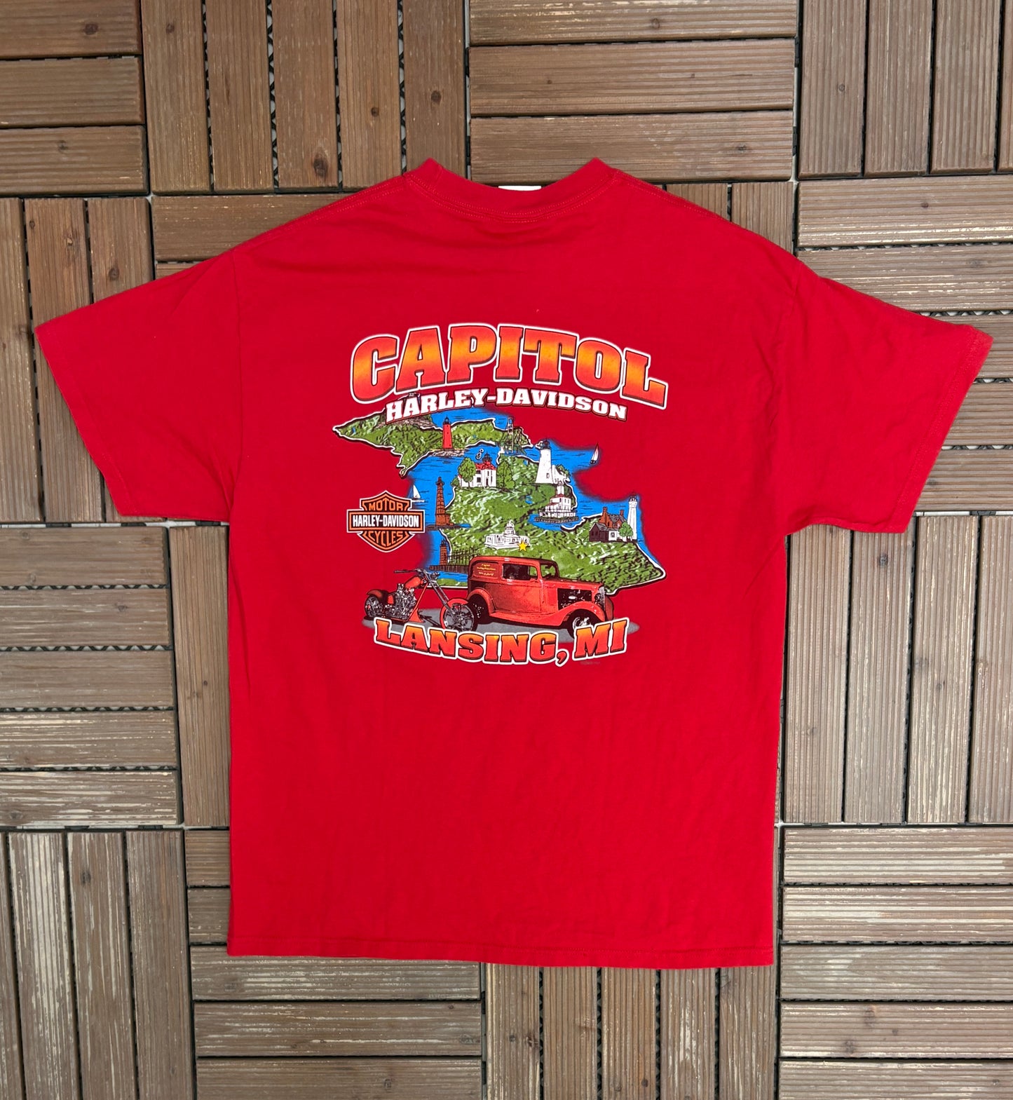 Harley Davidson Lansing, Michigan Graphic Tee | Size X-Large | Vintage 2000s Biker Red T-Shirt |