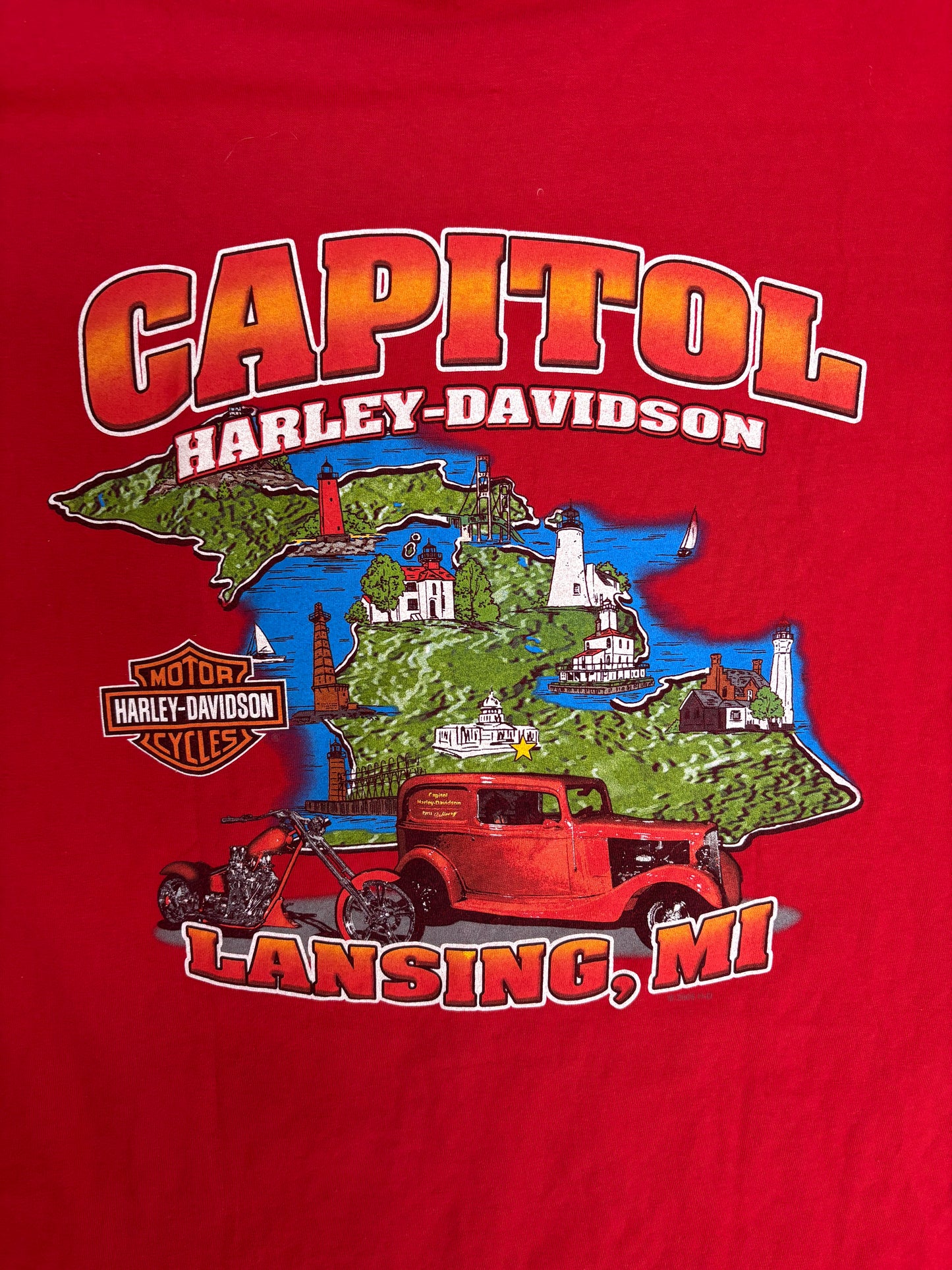 Harley Davidson Lansing, Michigan Graphic Tee | Size X-Large | Vintage 2000s Biker Red T-Shirt |