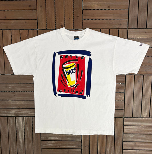 Serve Harp Beer Chilled Graphic Tee | Size X-Large | Vintage 1990s Promotional White T-Shirt |
