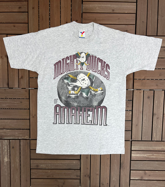 Mighty Ducks of Anaheim Graphic Tee | Size Large | Vintage 1990s NHL Hockey Grey T-Shirt |