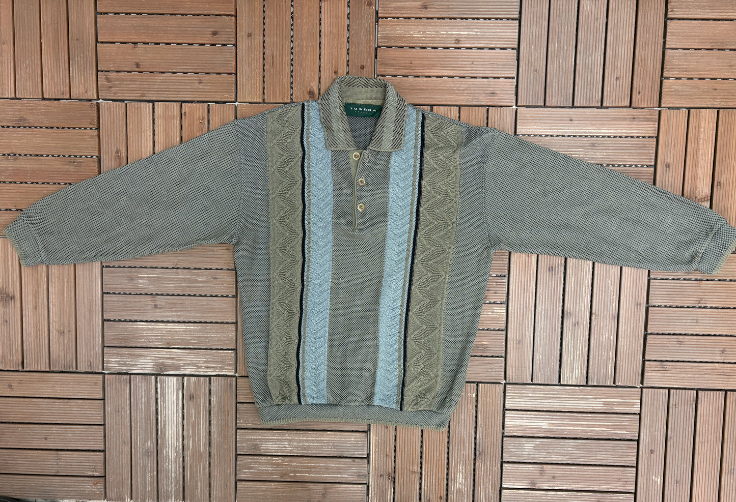Tundra Canada 3D Knit Collared Sweater | Size Large | Vintage 1990s Green/Brown Collared Long Sleeve |