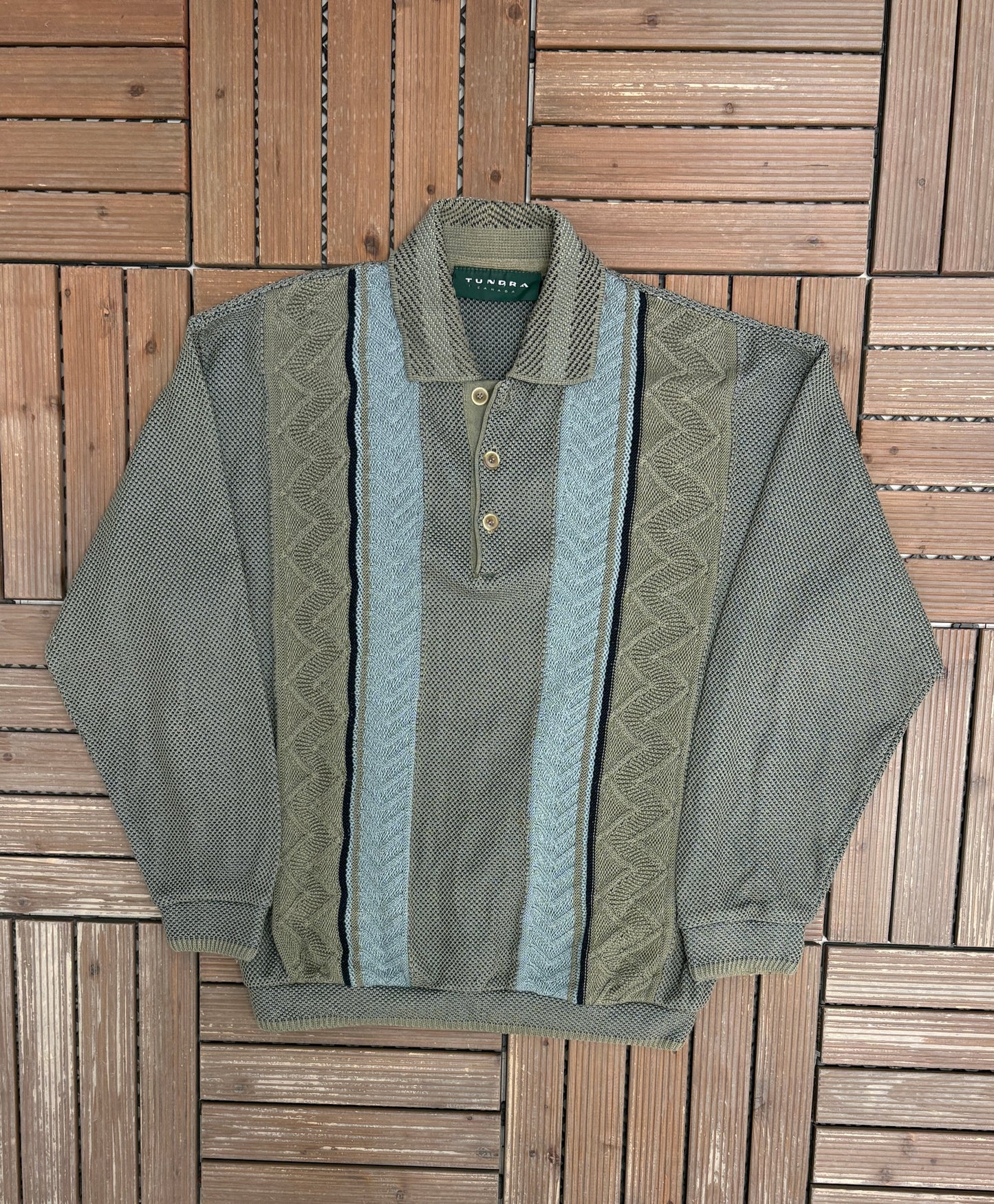 Tundra Canada 3D Knit Collared Sweater | Size Large | Vintage 1990s Green/Brown Collared Long Sleeve |