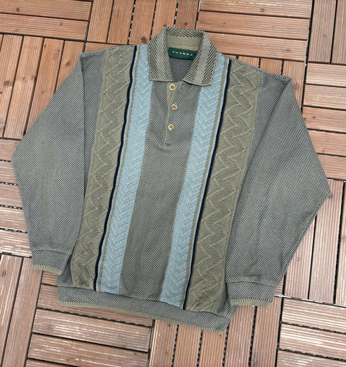 Tundra Canada 3D Knit Collared Sweater | Size Large | Vintage 1990s Green/Brown Collared Long Sleeve |