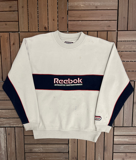 Reebok Athletic Department Graphic Crewneck | Size Small | Vintage 2000s Branded Beige Sweater |