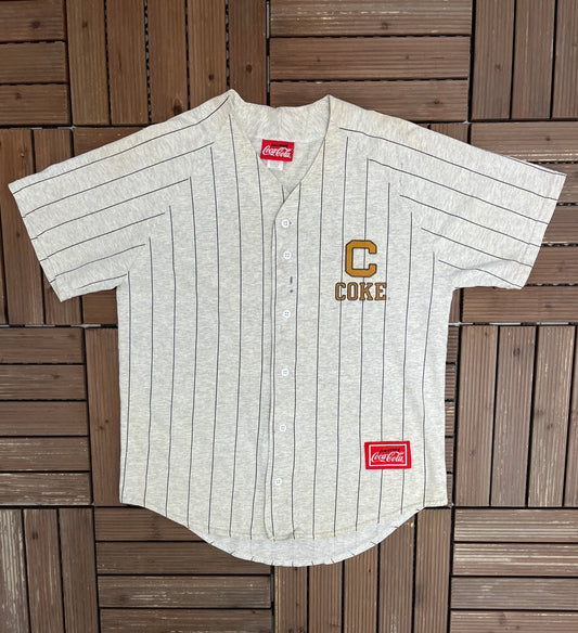 Coca-Cola Pinstripe Baseball Jersey | Size Medium | Vintage 2000s Promotional Grey Jersey |