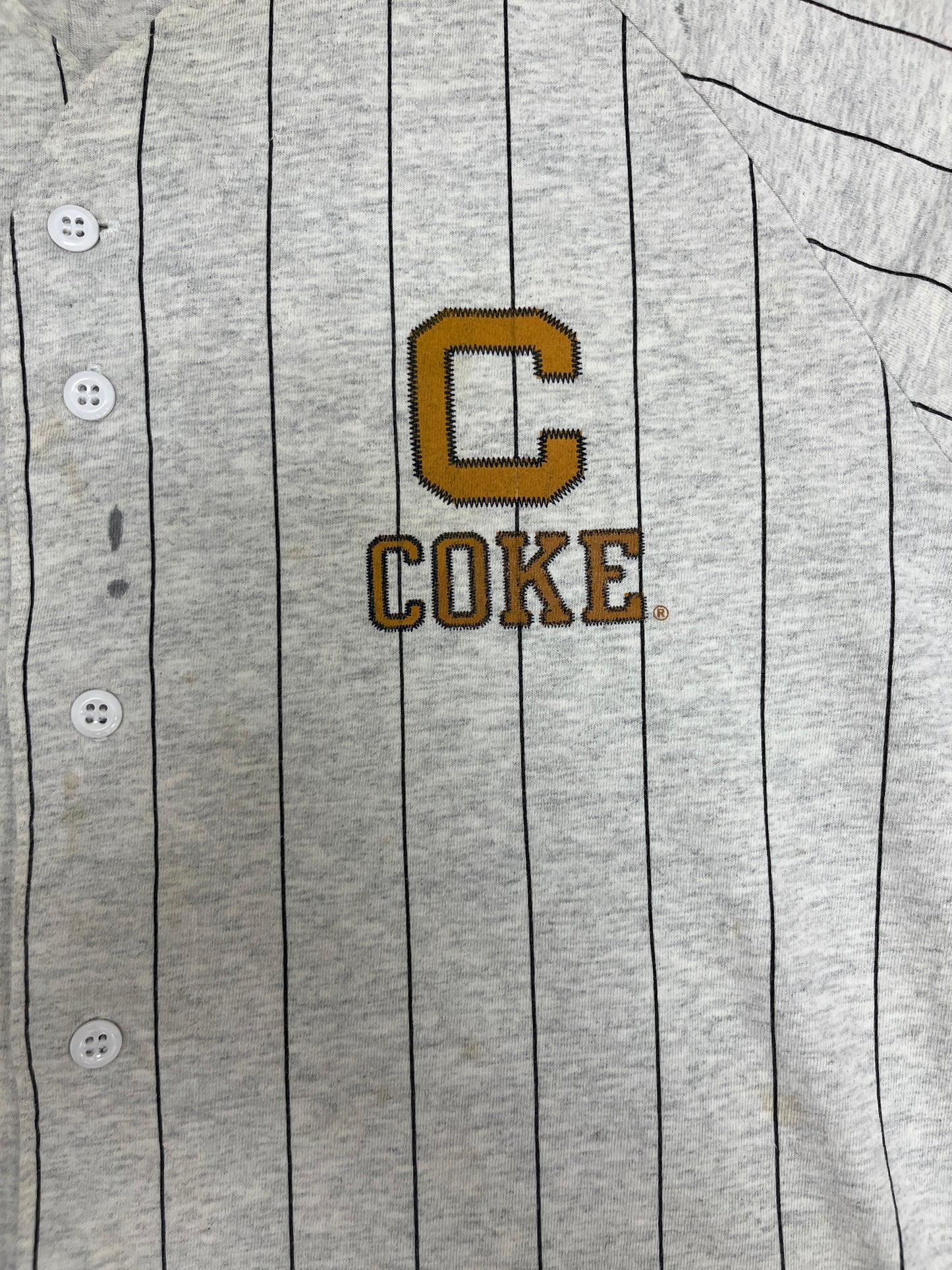 Coca-Cola Pinstripe Baseball Jersey | Size Medium | Vintage 2000s Promotional Grey Jersey |