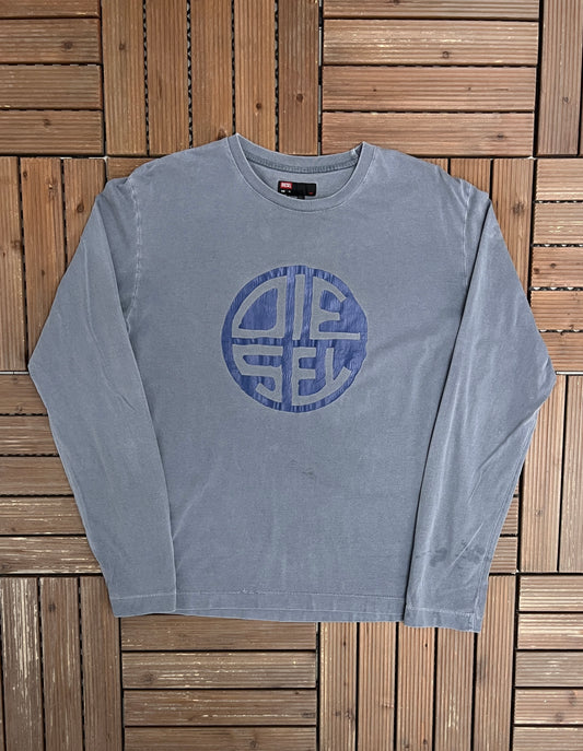 Diesel Spell Out Graphic Tee | Size X-Large | Used 2000s Blue/Grey Designer Long Sleeve Shirt |