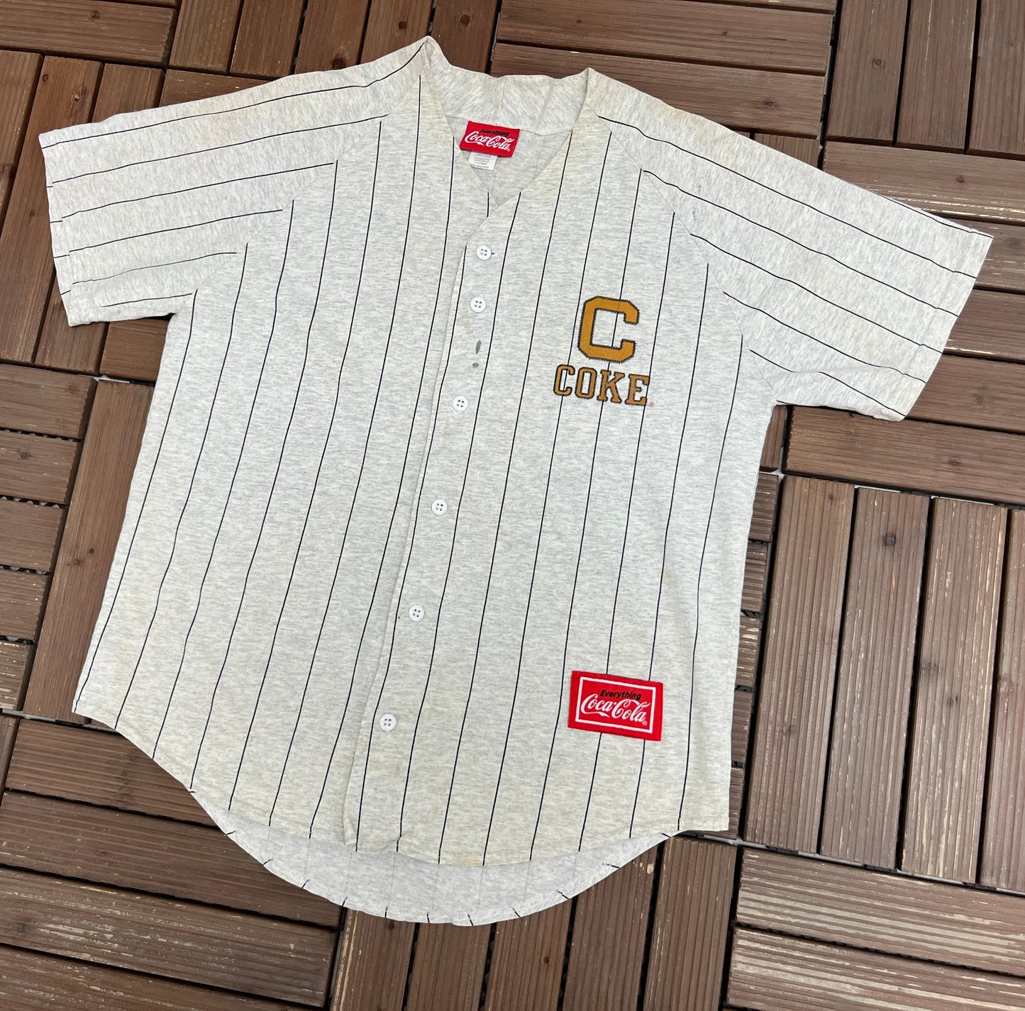 Coca-Cola Pinstripe Baseball Jersey | Size Medium | Vintage 2000s Promotional Grey Jersey |